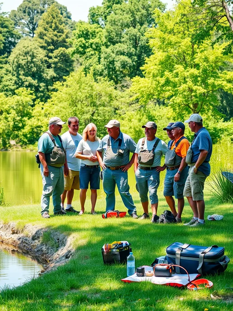 A diverse group of club members gathered for a social event, sharing fishing stories and experiences, fostering a sense of community and camaraderie within the club.