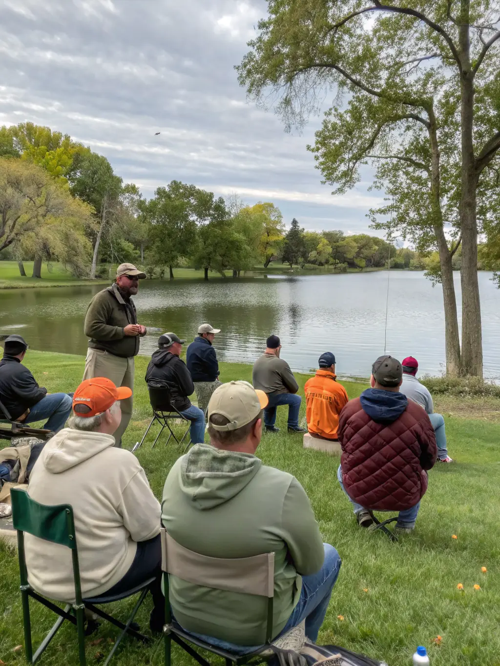 A group of club members participating in a guided fishing session on a calm lake, surrounded by lush greenery, showcasing the practical skills being taught by an experienced instructor.