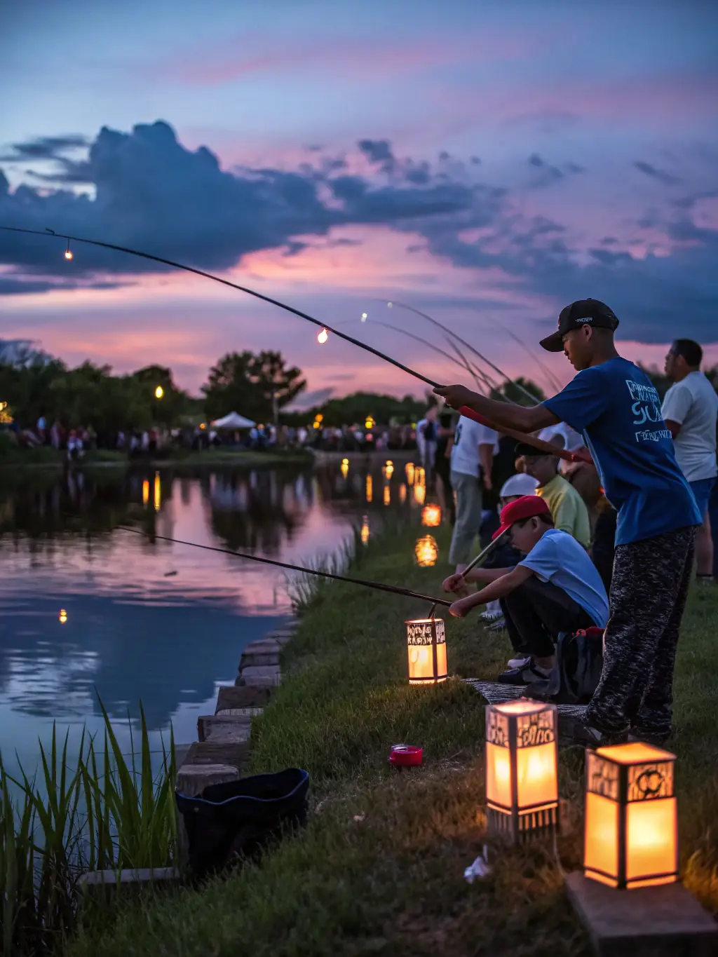 A lively scene from a recreational fishing tournament, with participants of all ages competing and enjoying the camaraderie, set against a backdrop of a beautiful pond.