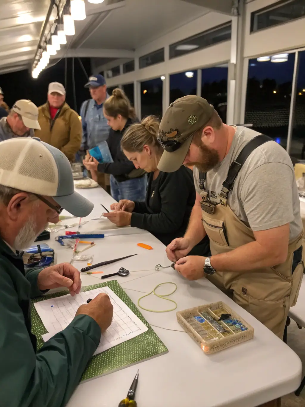 Participants in a fishing workshop learning about different types of bait and tackle, with a focus on sustainable fishing practices and environmental awareness.