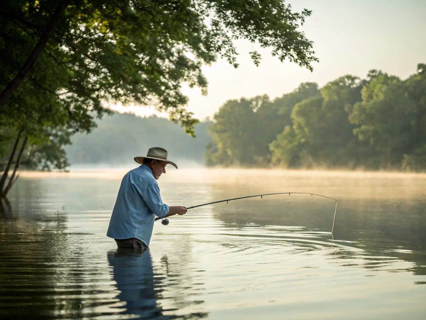 A serene image of a guided fishing session at dawn, with an experienced angler assisting a novice in casting their line into the calm waters of the Cyprinus Carpe Club pond.